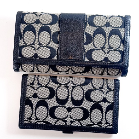 Coach Monogram Wallet & checkbook Set black & brown w/black leather trim NWT - Picture 1 of 9